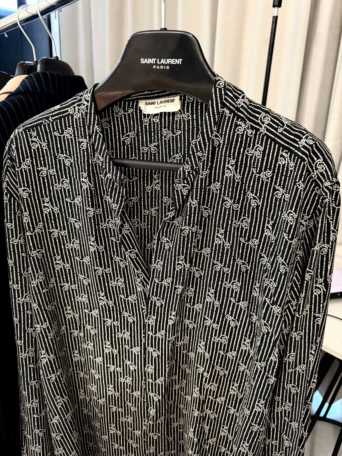 Saint Laurent Paris SS18 Black Paisley Polka Dot Striped Silk Shirt