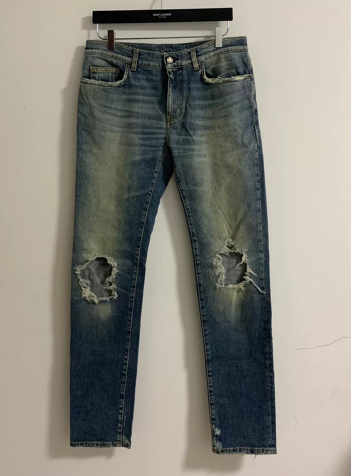Saint Laurent 16FW D02 Blue Brushed Mud-Wash Distressed Jeans