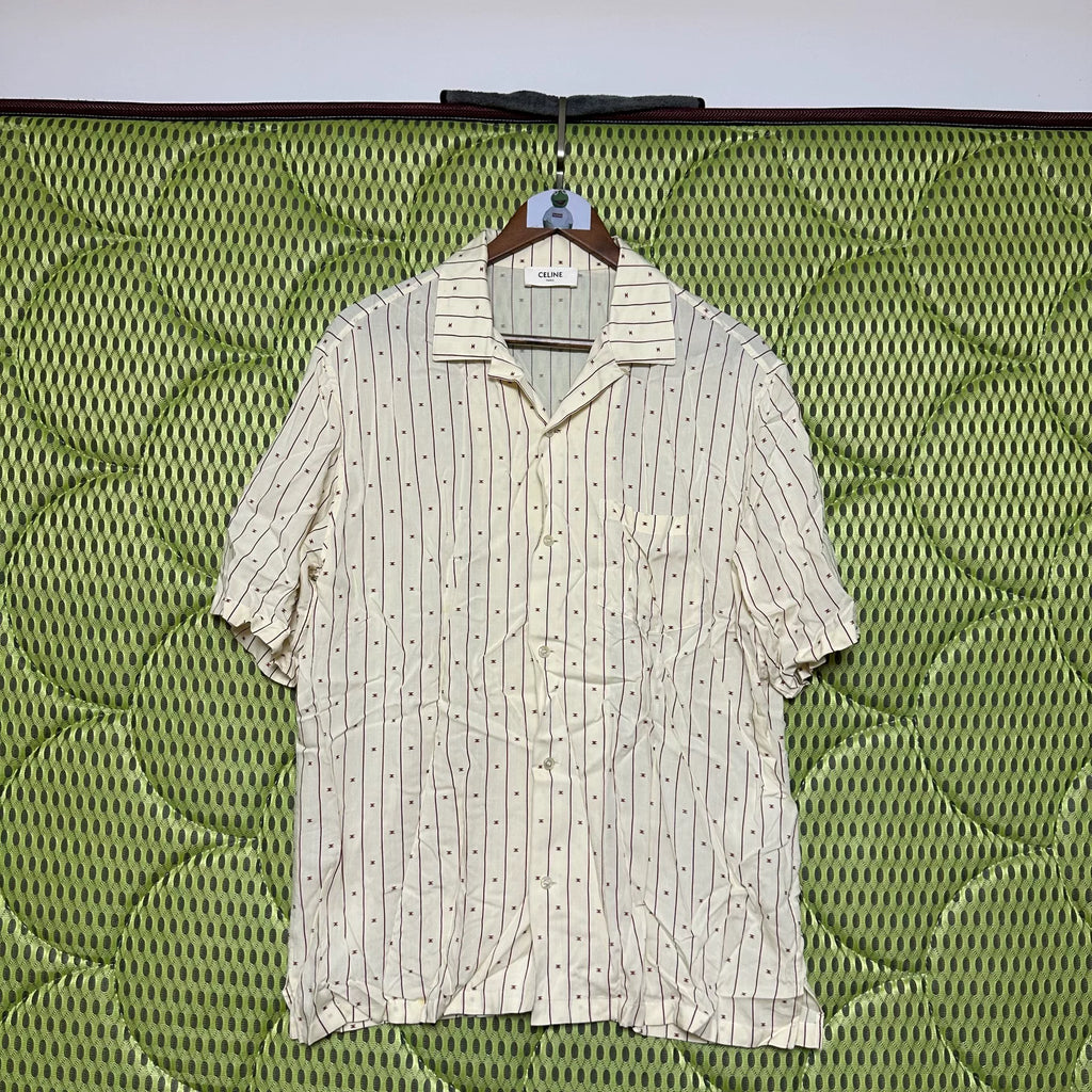 Celine Off-White Burgundy Striped Arc De Triomphe Cuban Collar Short Sleeve Shirt