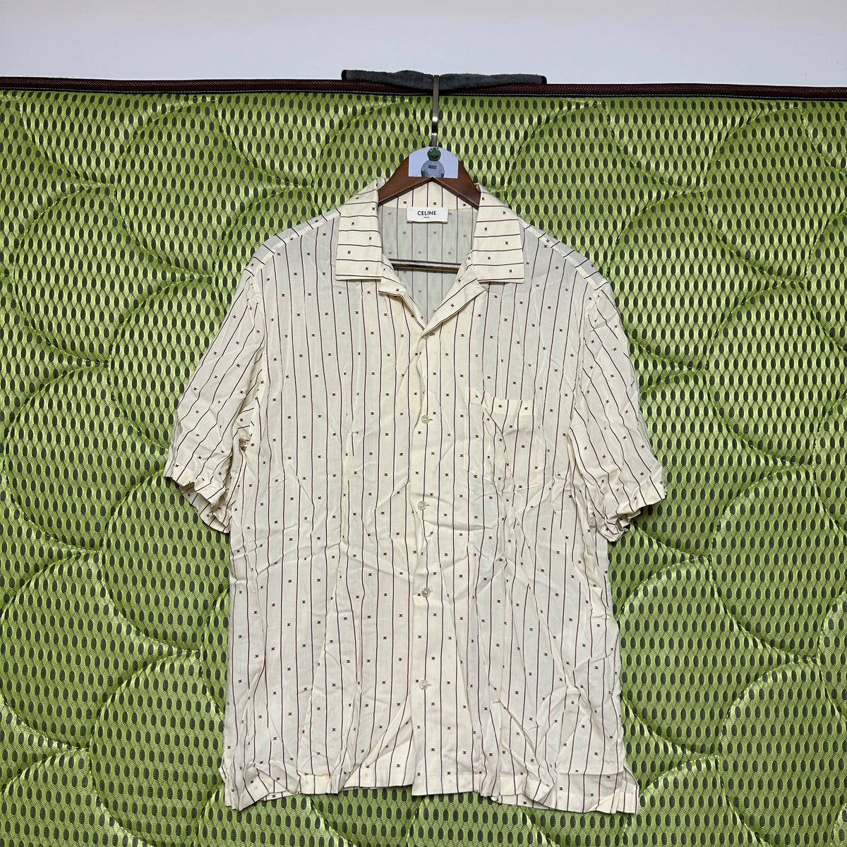 Celine Off-White Burgundy Striped Arc De Triomphe Cuban Collar Short Sleeve Shirt