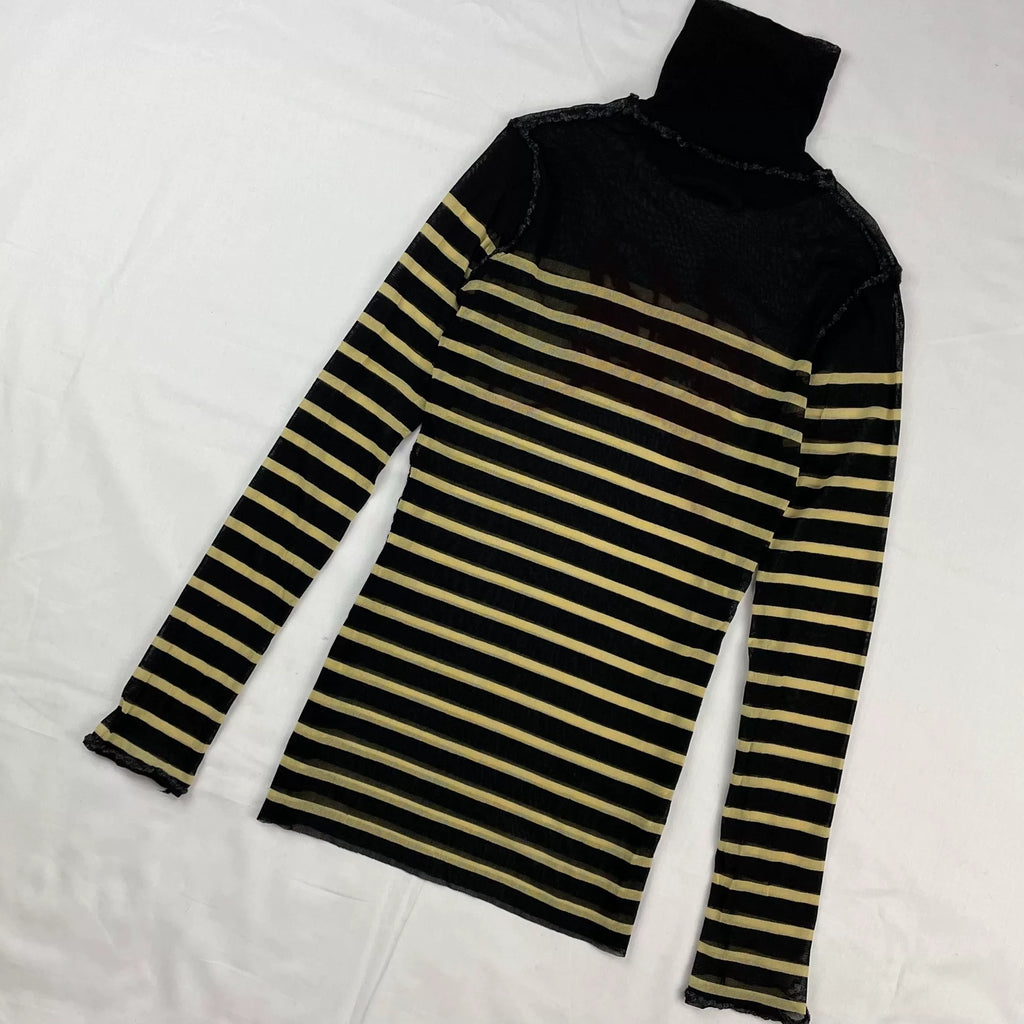 2001 Fall/Winter Jean Paul Gaultier Striped Elastic Mesh Turtleneck Long-Sleeve T-Shirt