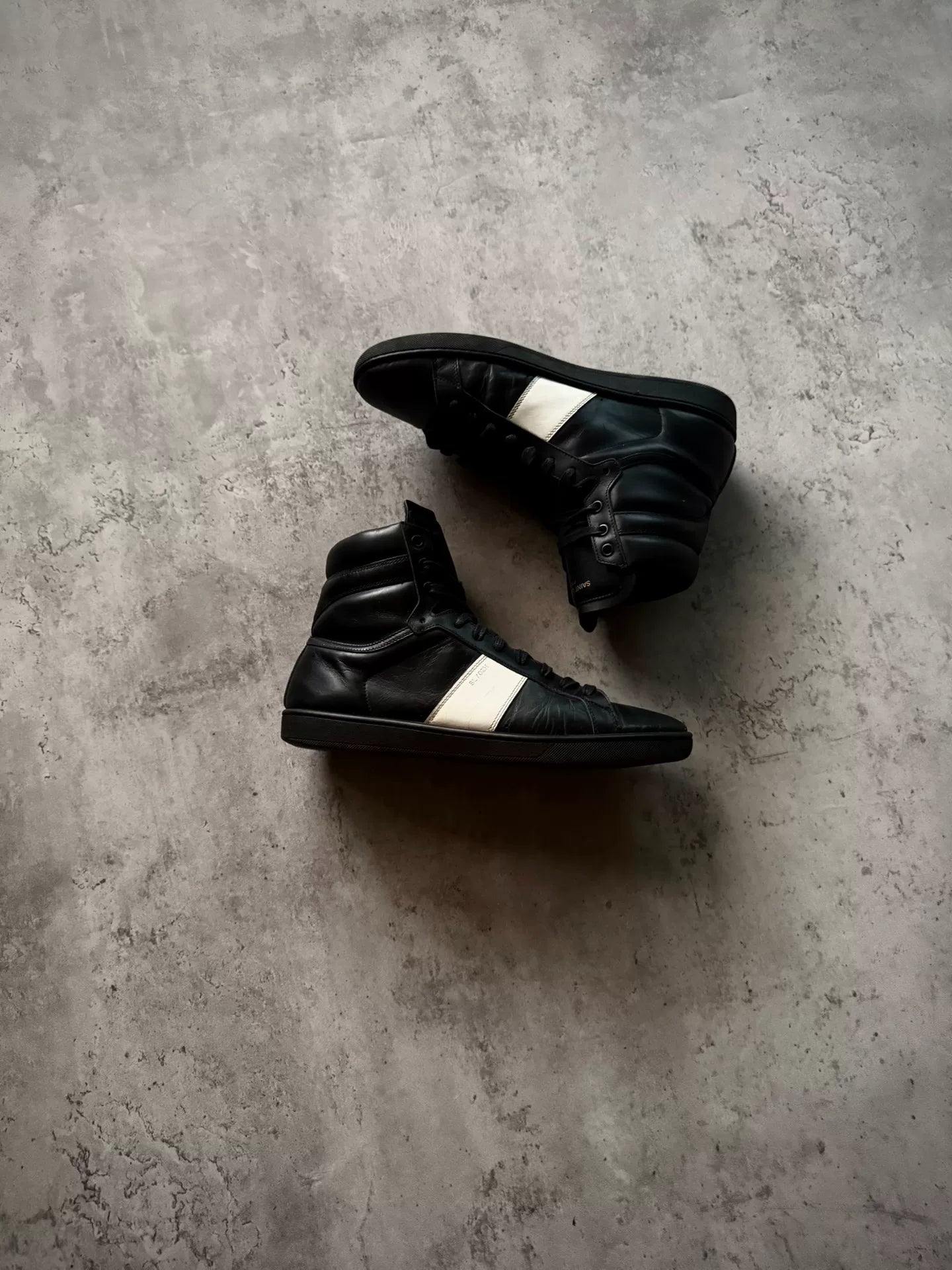 Saint Laurent Paris 13AW SL/02H Black White Patch Leather High Top Sneakers by Hedi Slimane
