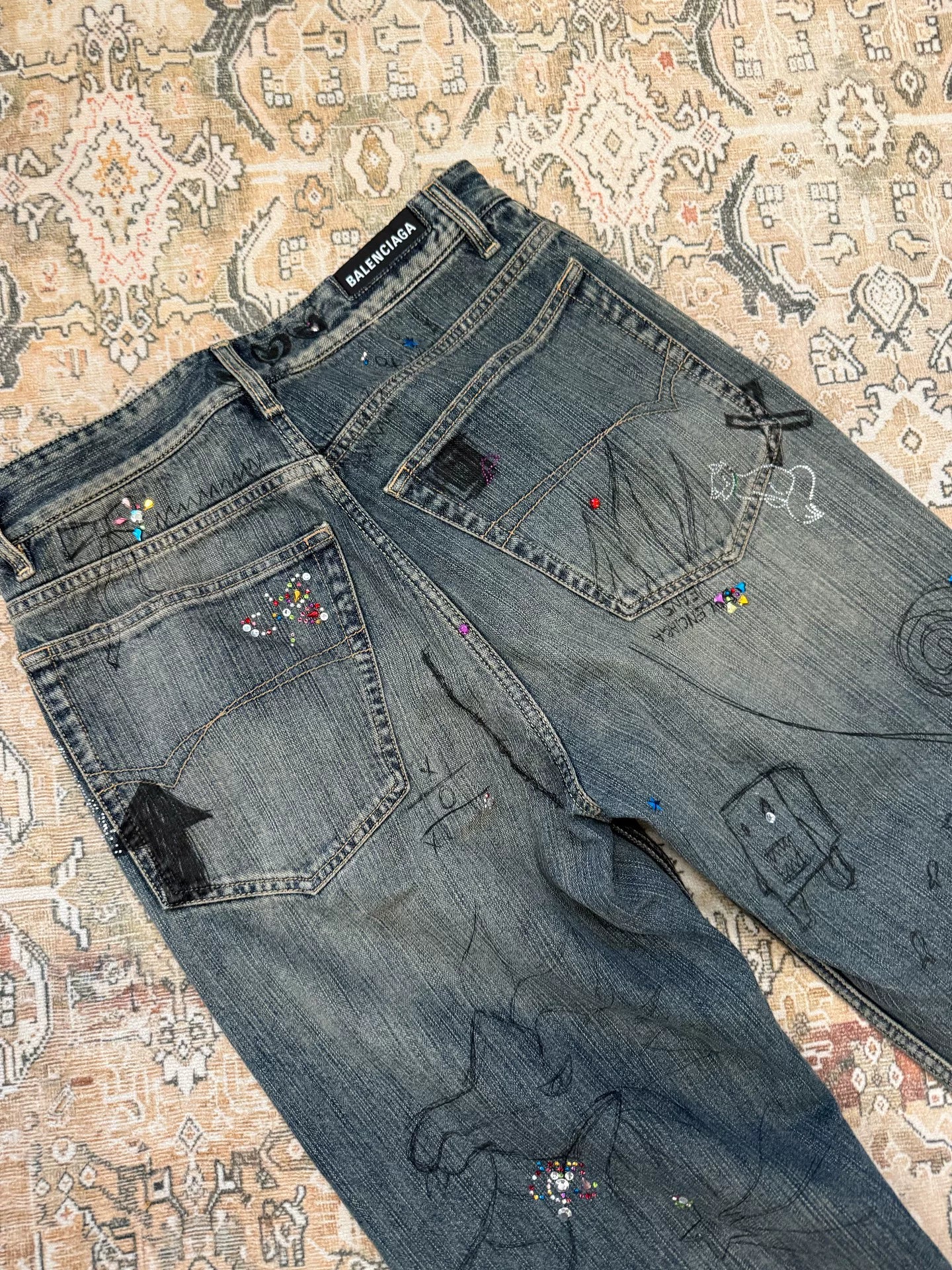 Balenciaga Multi-Element Rhinestone Graffiti Mud-Dyed Distressed Destroyed Jeans