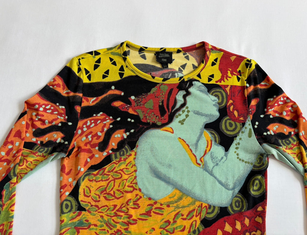 Jean Paul Gaultier Vintage Slim Print Long Sleeve Portrait Silk Top