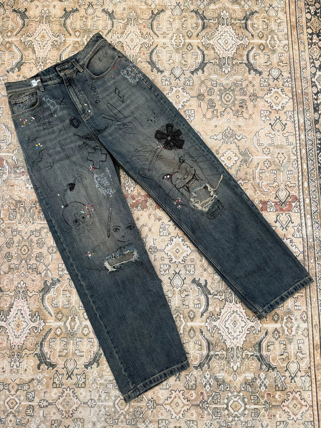 Balenciaga Multi-Element Rhinestone Graffiti Mud-Dyed Distressed Destroyed Jeans