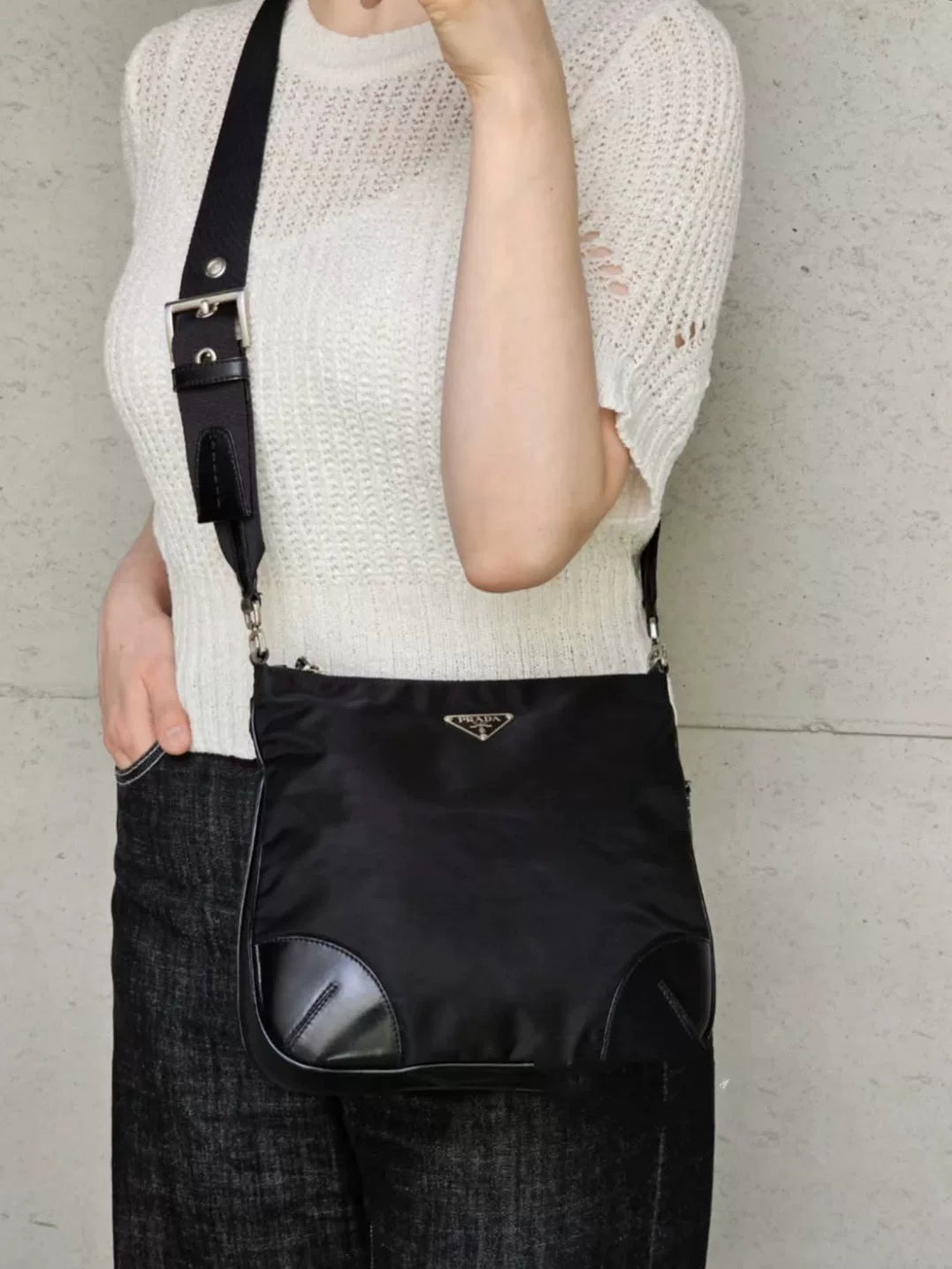Prada Nylon Pieced Leather Crossbody Black Bag