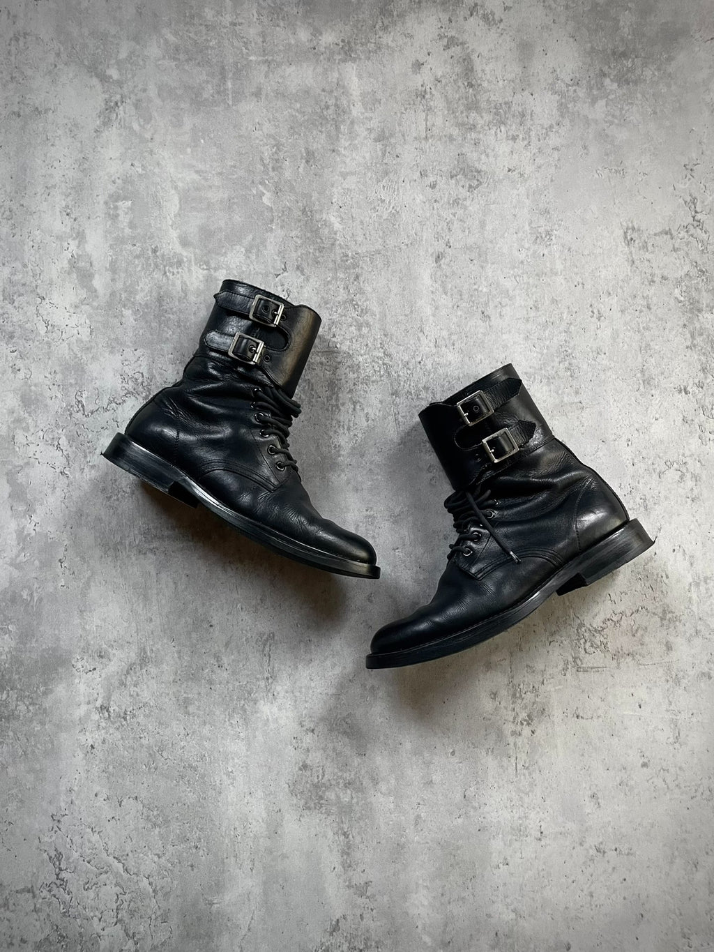 Saint Laurent Paris 13FW Hedi Slimane Double Buckle Lace-Up Leather Combat Boots by Hedi Slimane