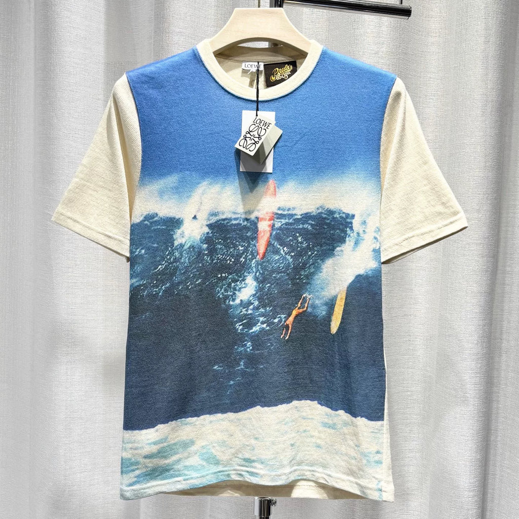Loewe Knit Surf Ocean Print Cotton Color-Blocked Short Sleeve T-Shirt