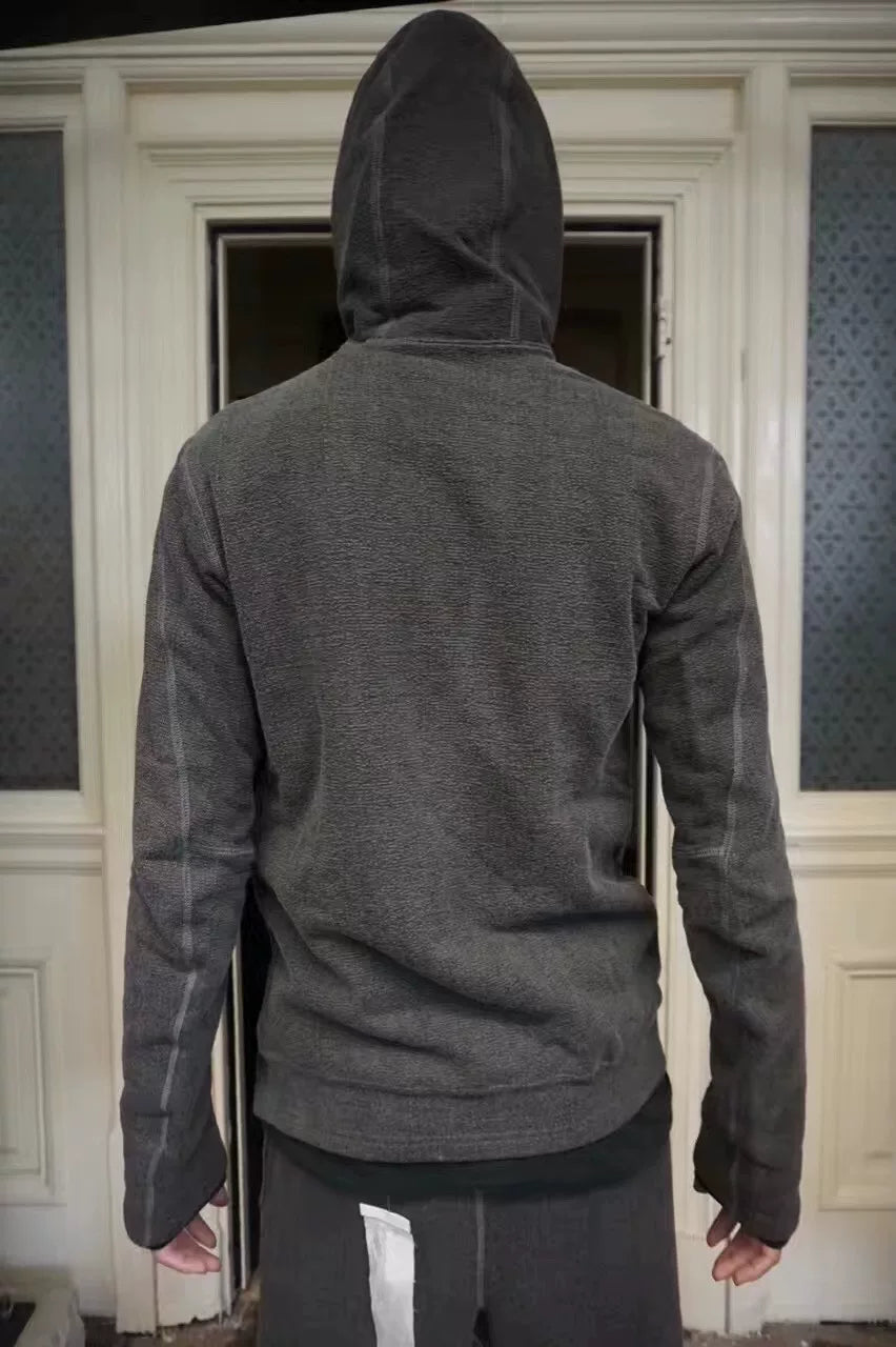 Taichi Murakami Grey Diagonal Zip-Up Cotton Hooded Sweater