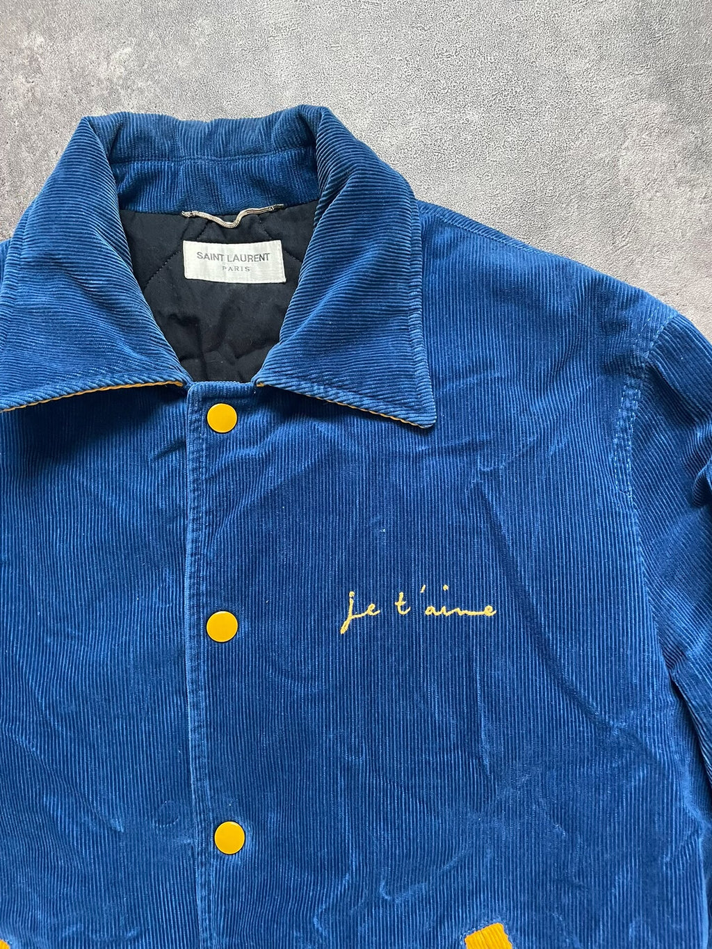 Saint Laurent SLP17 Fall/Winter Blue Corduroy Slogan Quilted Jacket