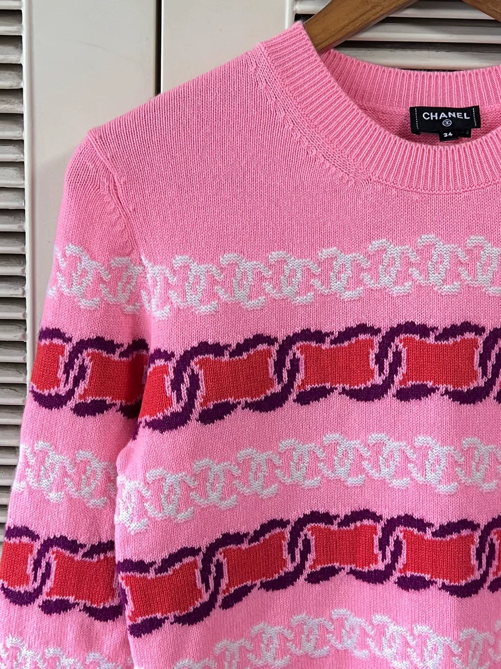 Chanel Crew Neck Long Sleeve Slim Top Pink Knit Sweater