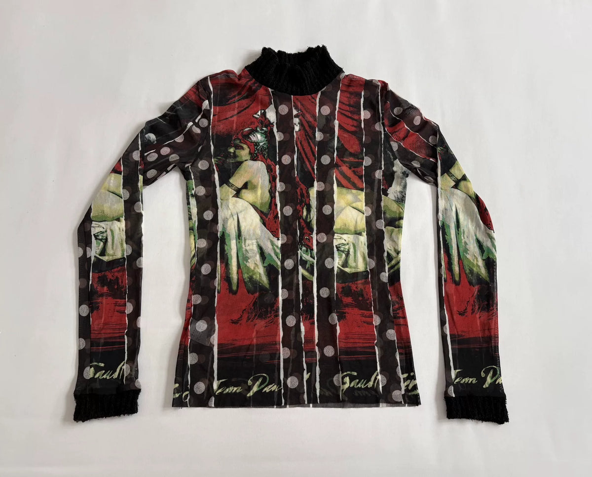 jean paul gaultier portrait print mesh dress Gaultier pre‑owned vintage beautiful woman portrait polka dot knit patchwork mesh top