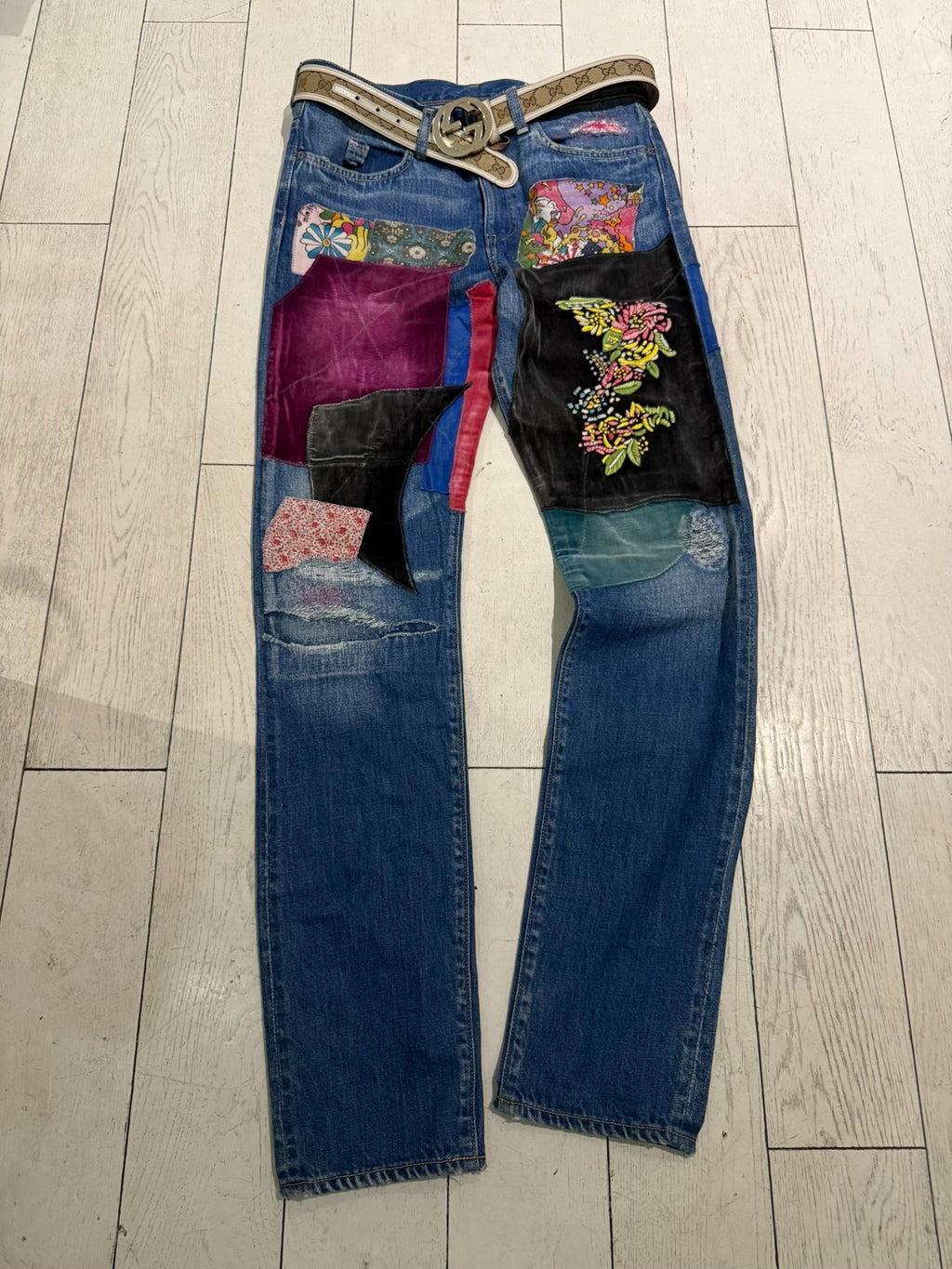 Kapital Kountry Psychedelic Fabric Patchwork Floral Embroidered Distressed Jeans