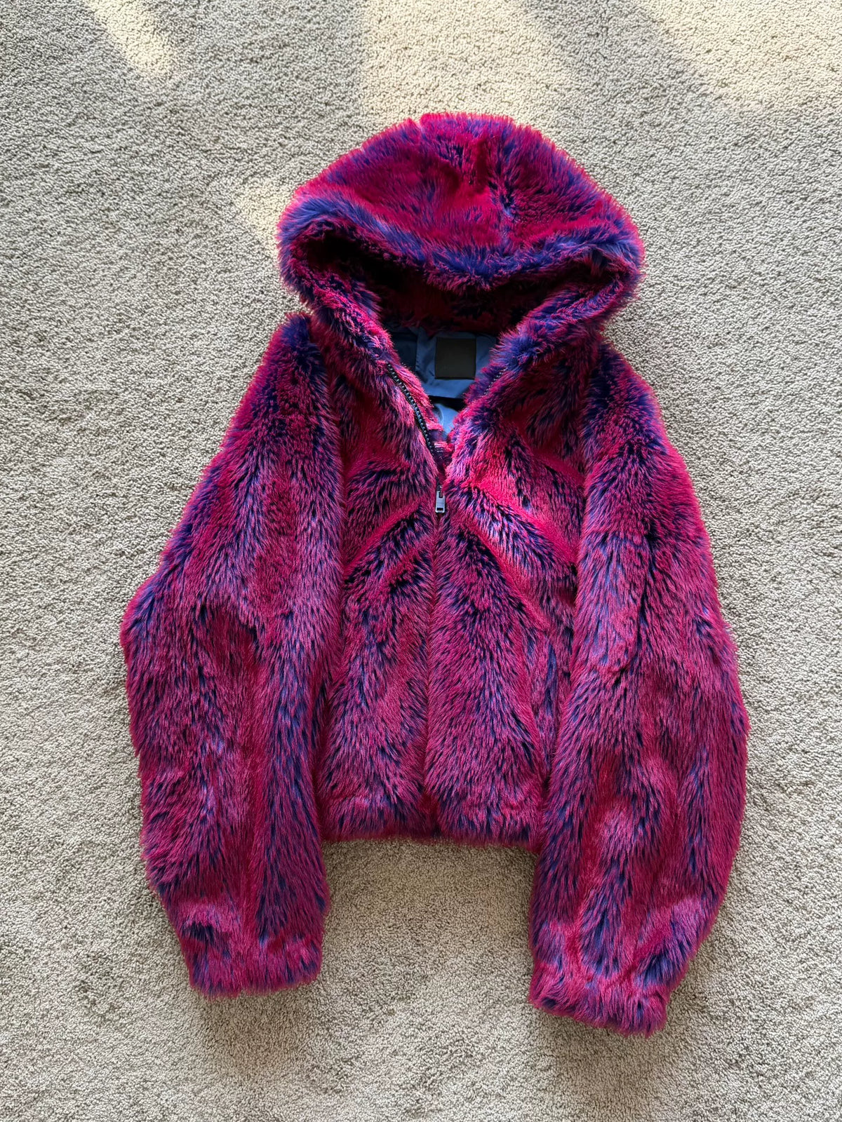 Givenchy FW23 Pink Blue Runway MMW Cropped Hooded Faux Fur Bomber Jacket