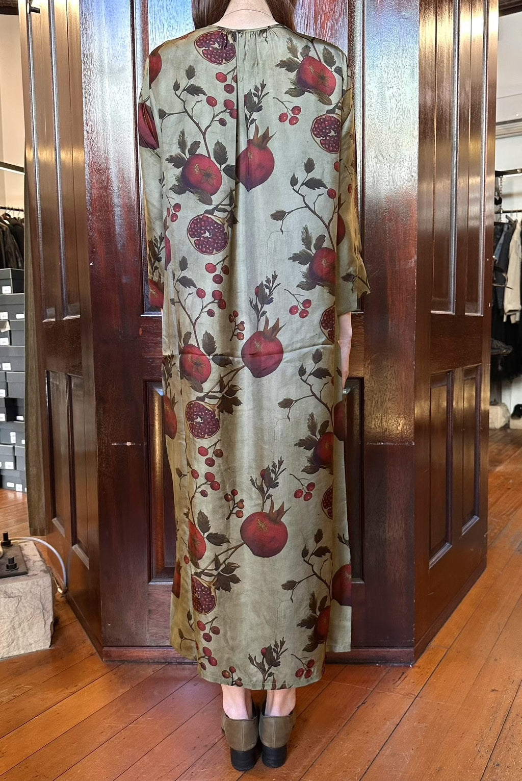 Uma Wang FW25 Pre Tan/Red/Green Agina Pomegranate Print Viscose/Cupro Dress