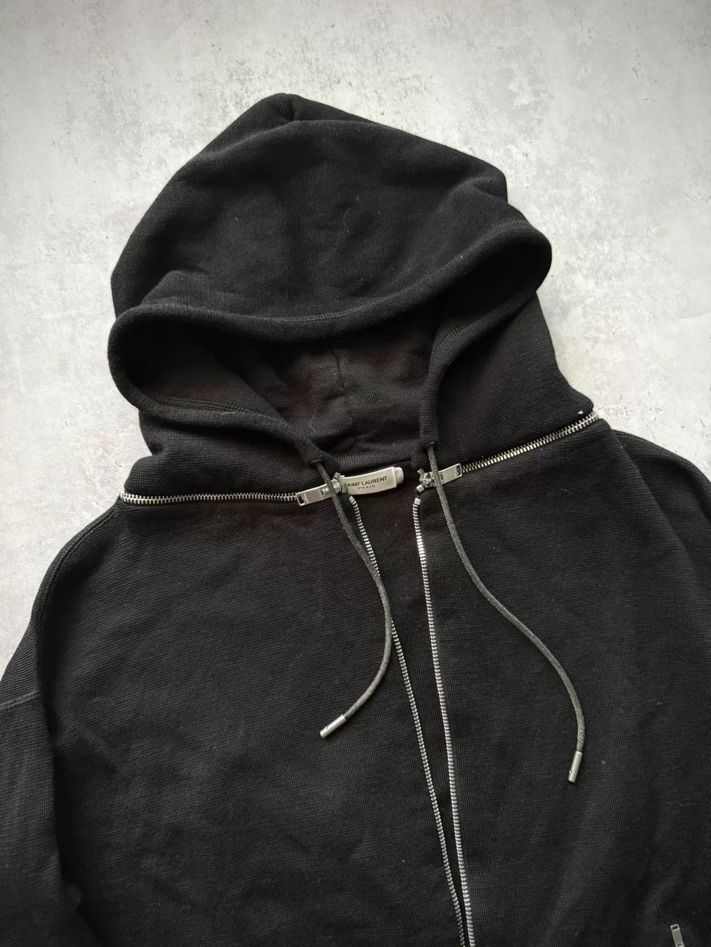Saint Laurent Paris 13SS Black Leather Elbow Patch Detachable Hood Zip-Up Hoodie by Hedi Slimane