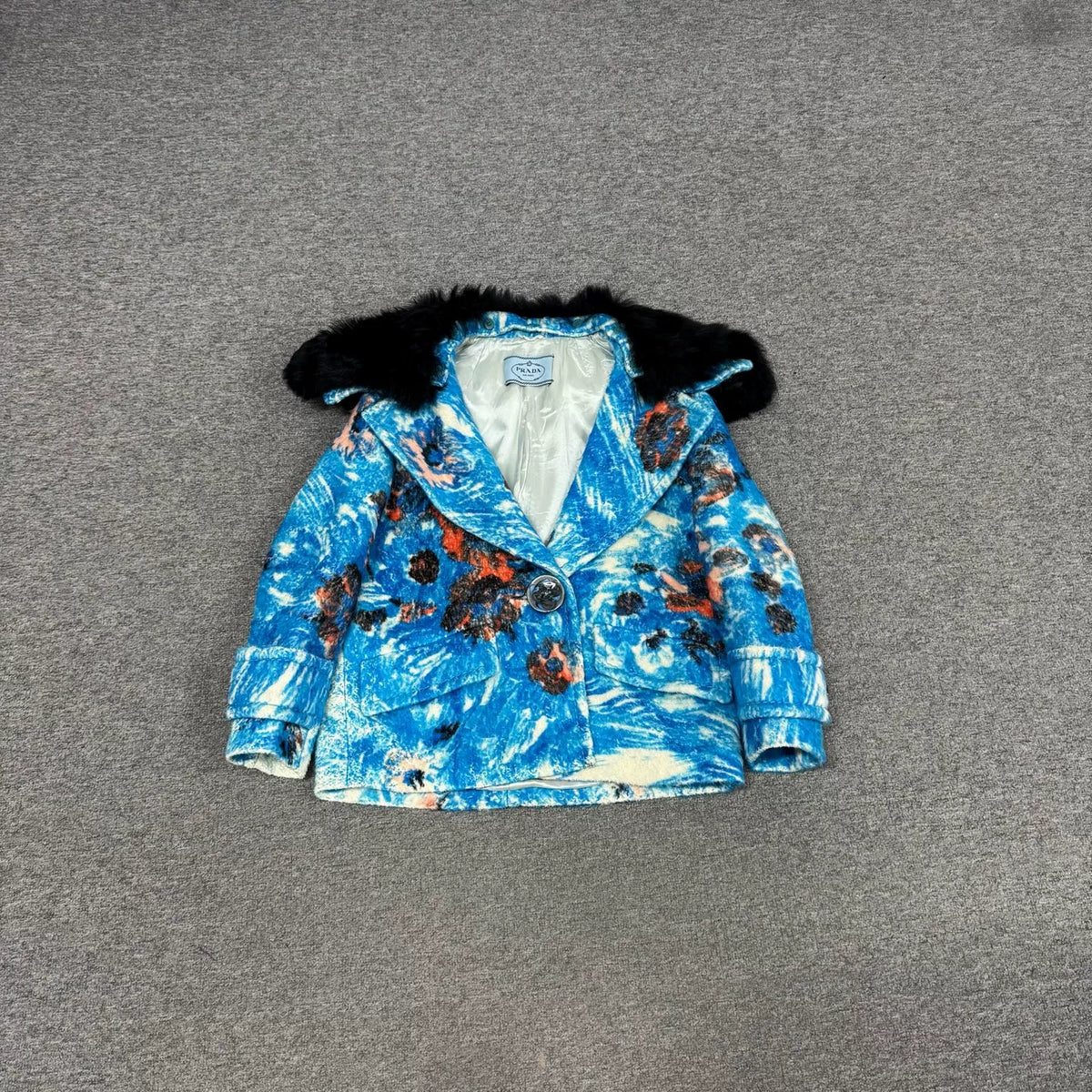 Prada blue oil-painting style fur-collared turn-down jacket