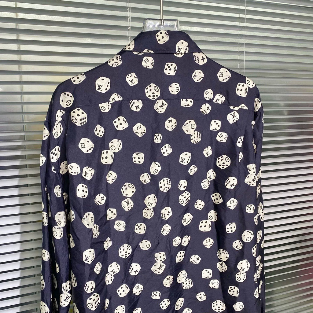 Louis Vuitton Long Sleeve Monogram All-Over Print Button-Front Silk Navy Shirt