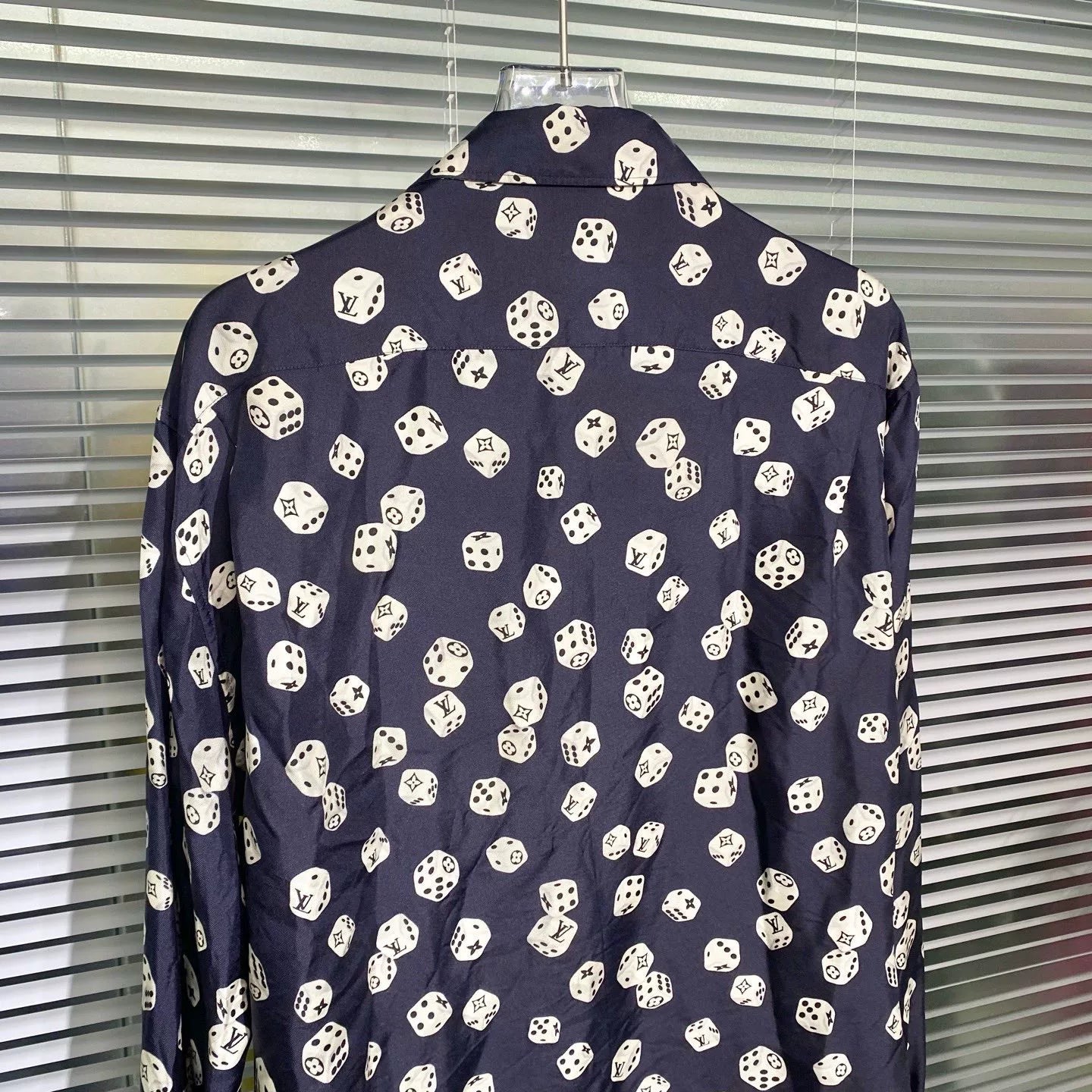 Louis Vuitton Long Sleeve Monogram All-Over Print Button-Front Silk Navy Shirt