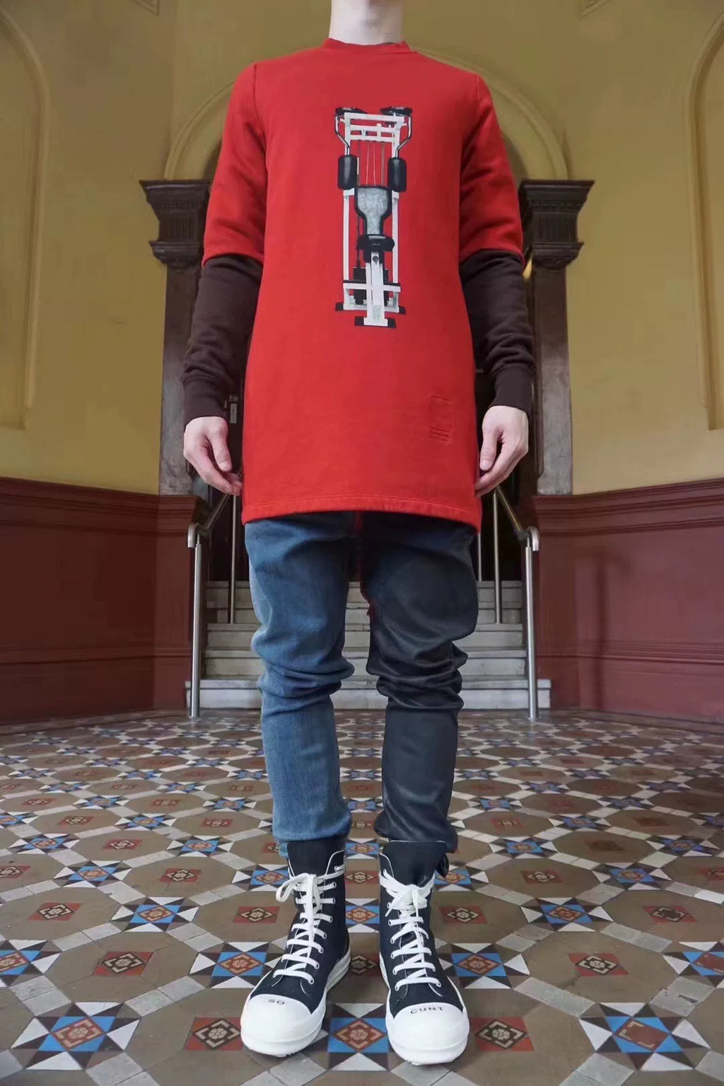 Rick Owens FW19 Red Gym Print Layered Cotton Sweater
