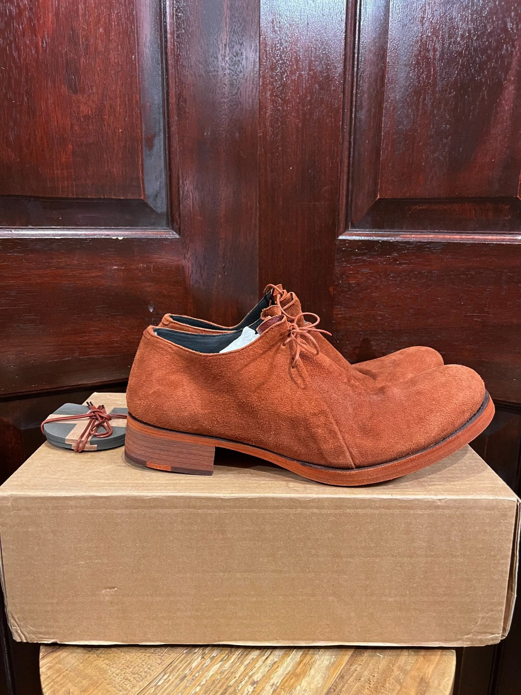M.A+ Rosso Double Fold Coral Red Suede Derby Shoes