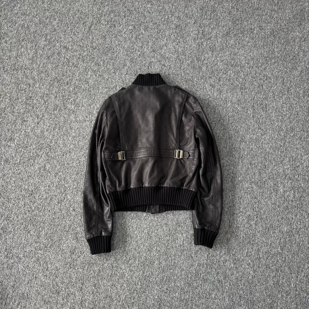 Gucci knit patchwork double-G all-over print leather pilot jacket