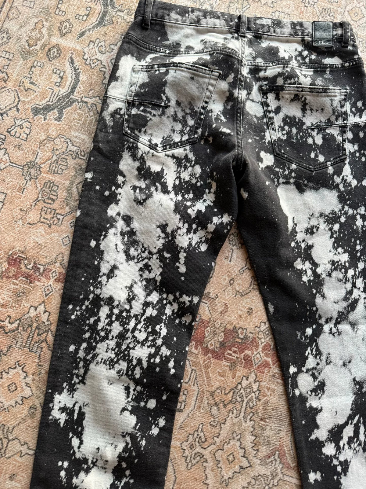 Dior Homme Black Ink Wash Distressed Leather Patch Denim Jeans