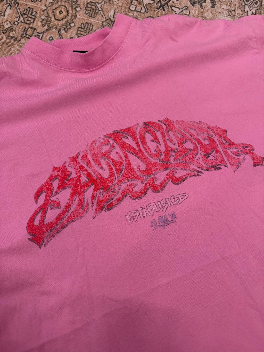 Balenciaga Paris Pink Disaster Flame Print Short-Sleeve T-Shirt