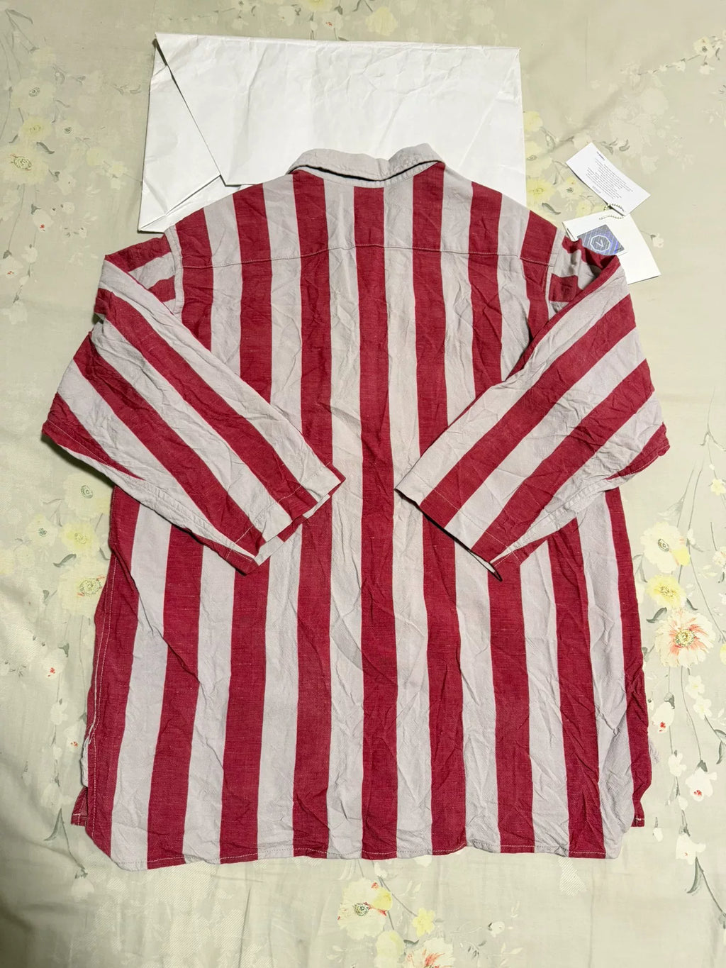 visvim SS20 Dead-ball Era Grey Red Striped Half-Collar Three-Quarter Sleeve Cotton Linen Shirt