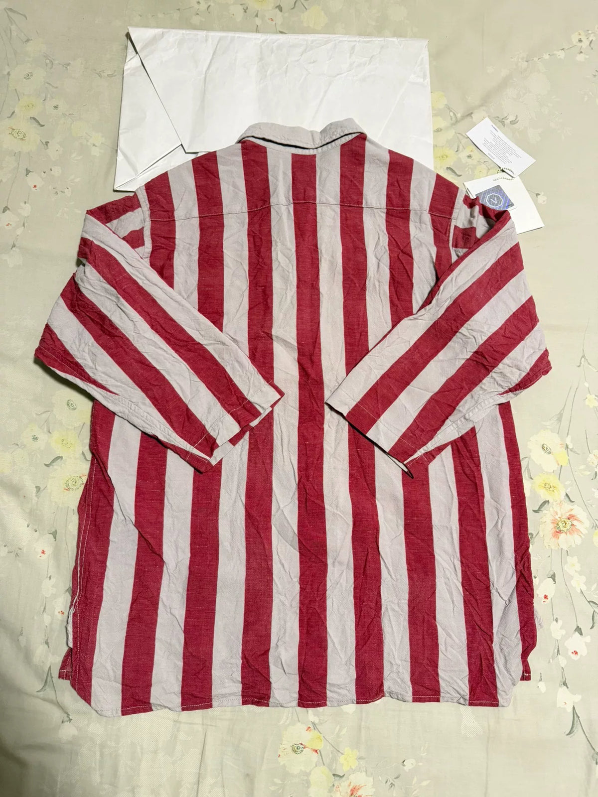 visvim SS20 Dead-ball Era Grey Red Striped Half-Collar Three-Quarter Sleeve Cotton Linen Shirt