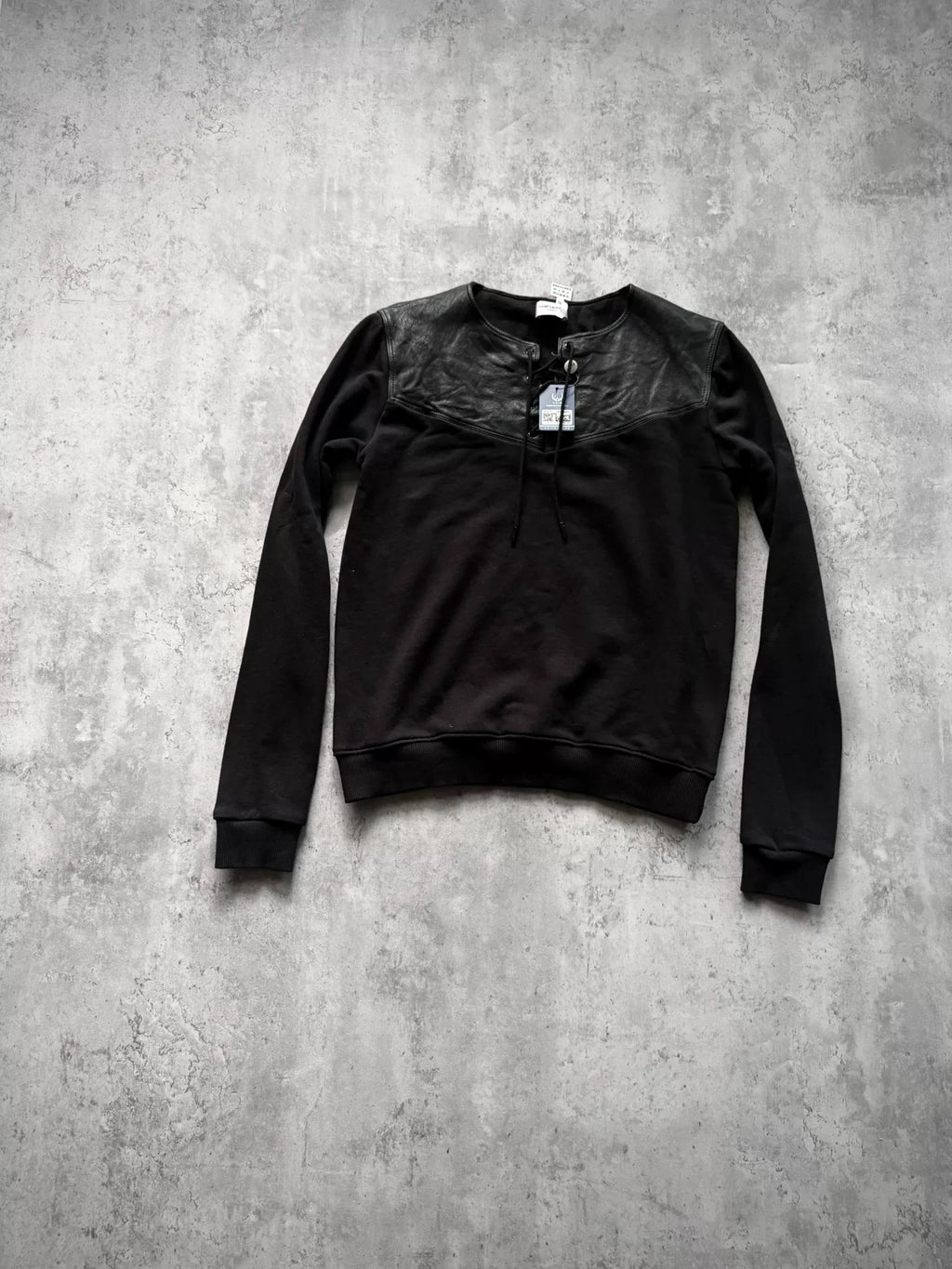 Saint Laurent Paris 14AW Black Leather Yoke Lace-Up Sweatshirt by Hedi Slimane