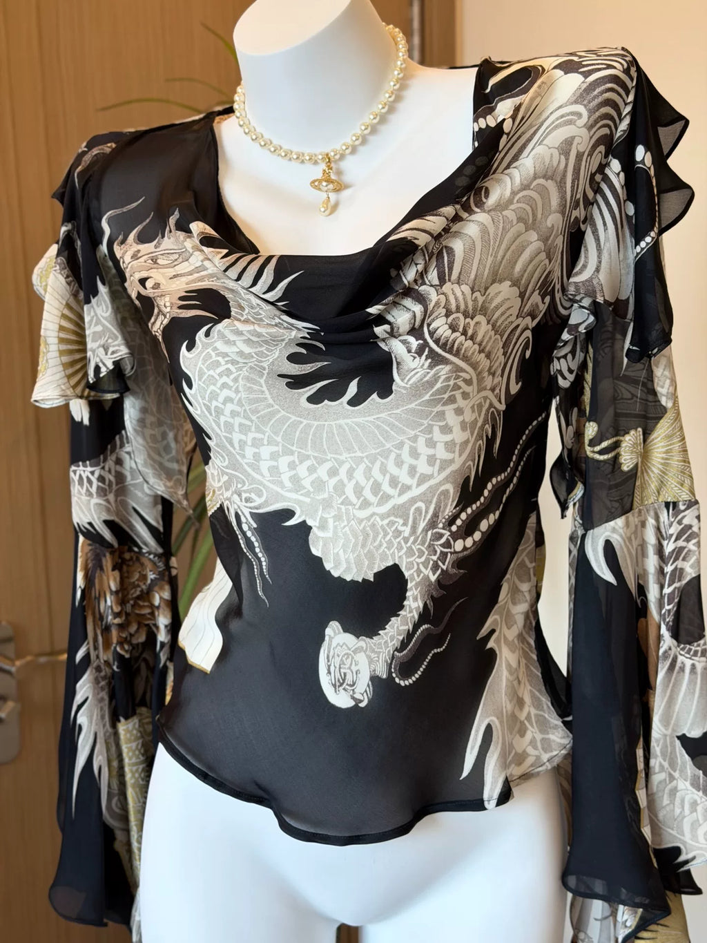 roberto cavalli rare vintage dragon pattern fan print top