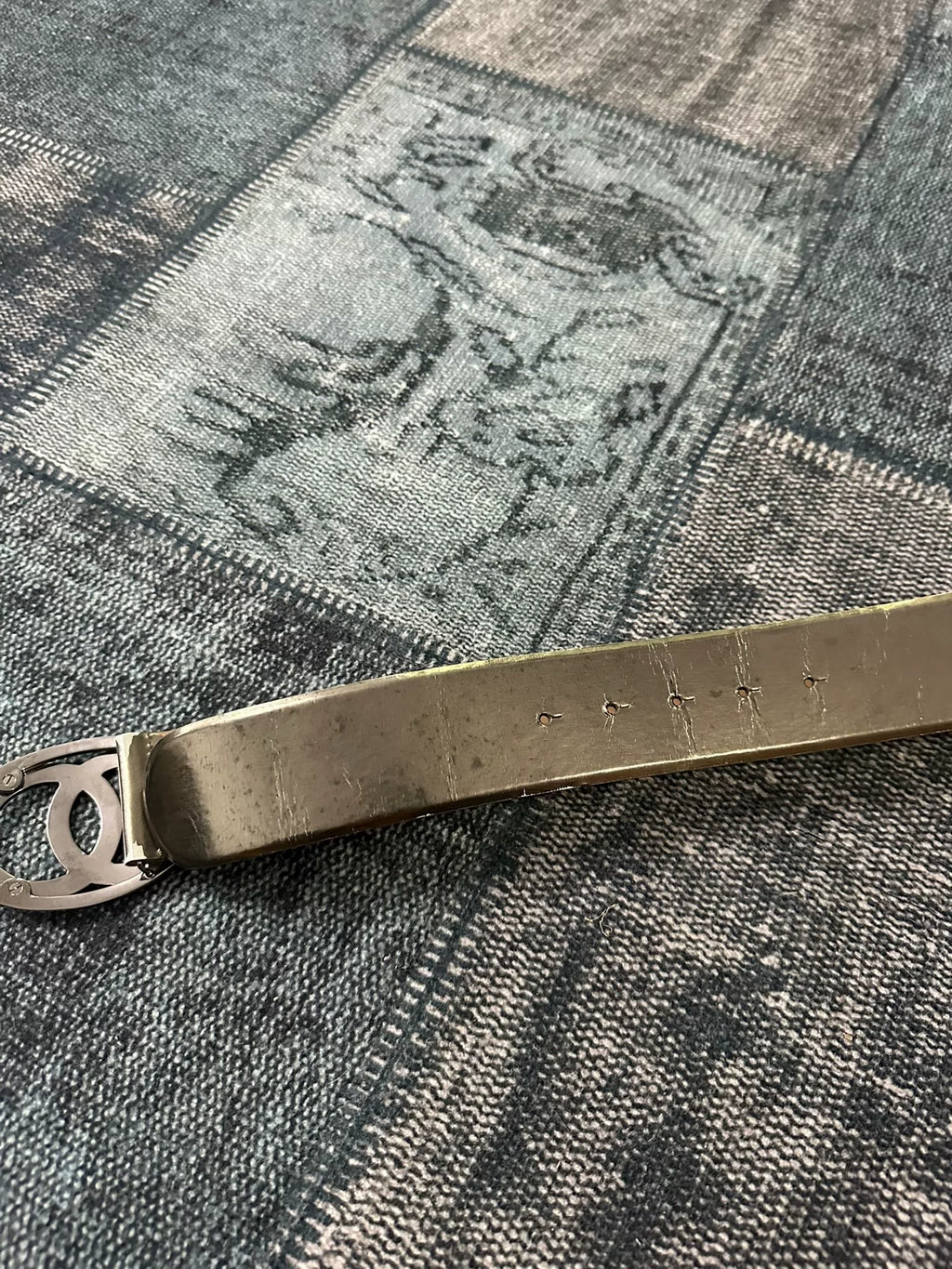 Chanel Double C wide belt silver patent leather