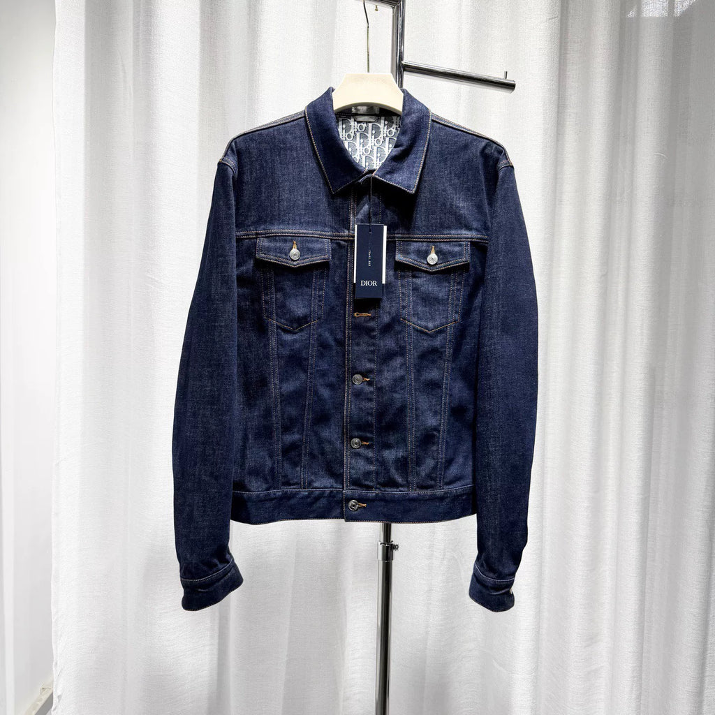 Dior Denim Lapel Monogram All-Over Print Metallic Button-Front Navy Jacket