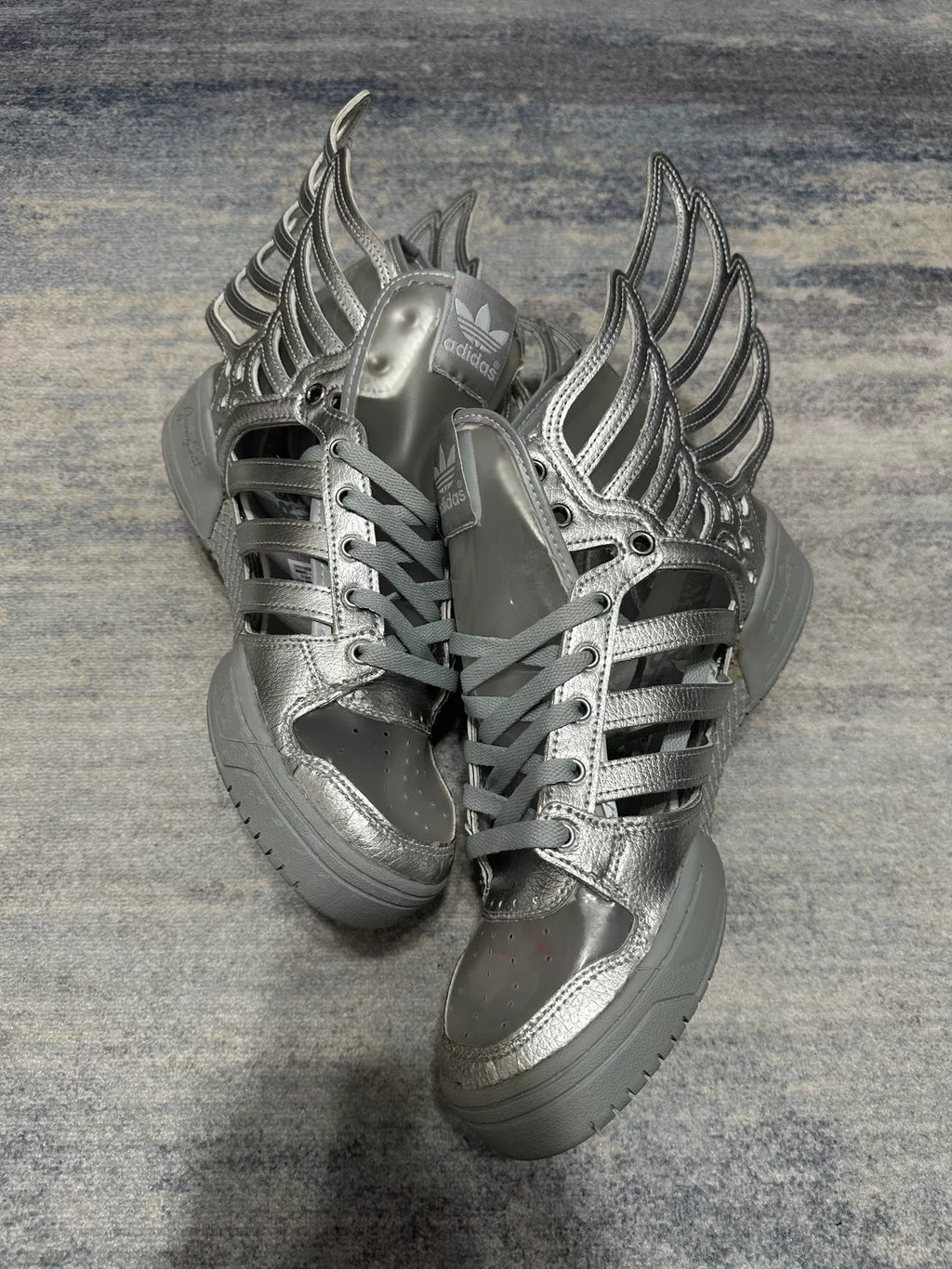 Adidas x Jeremy Scott Wings Silver Patent Leather Cutout Skeleton Wing Sneakers