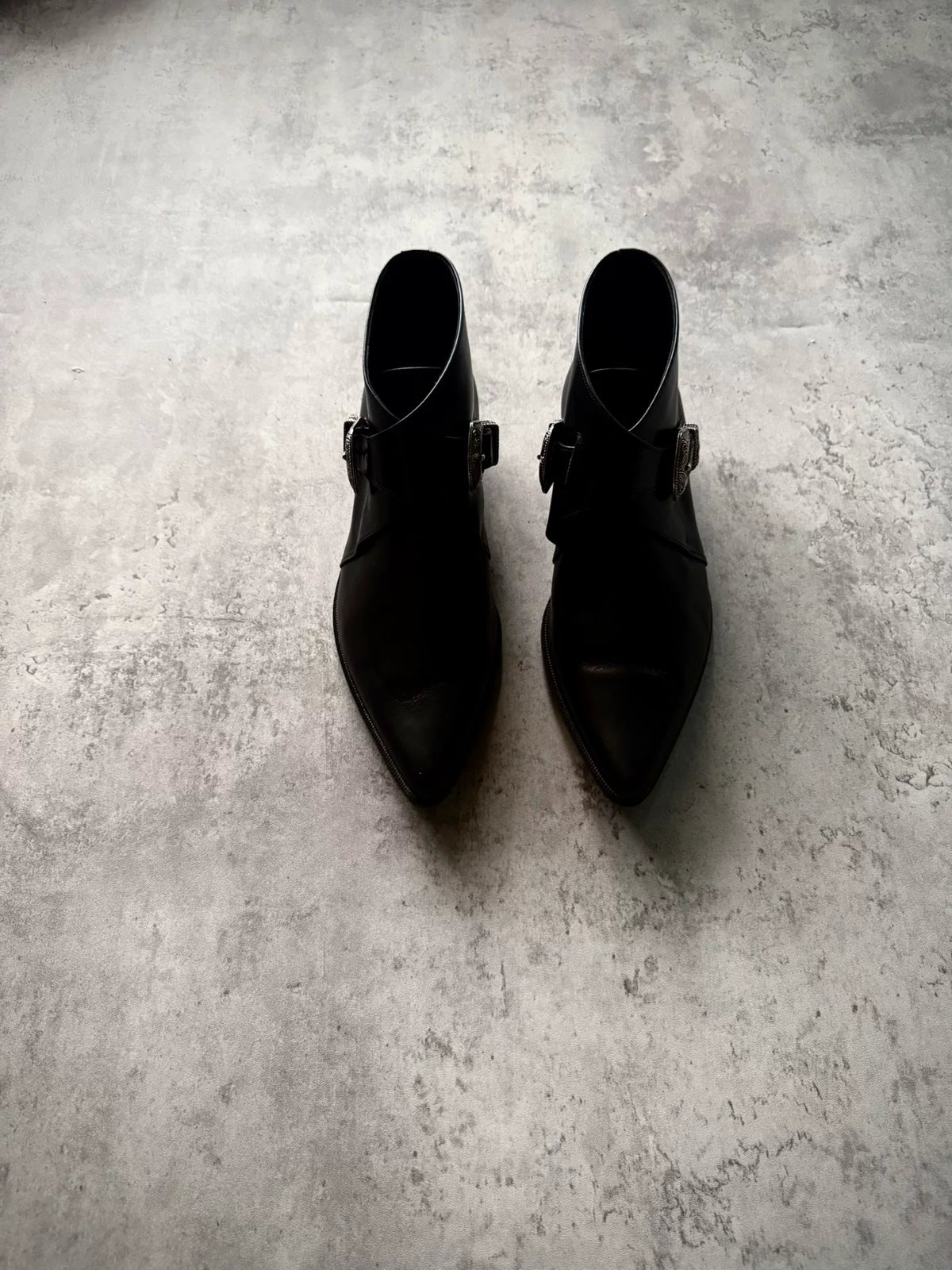 Saint Laurent Paris 14SS Black Leather Double Buckle Western Ankle Boots by Hedi Slimane