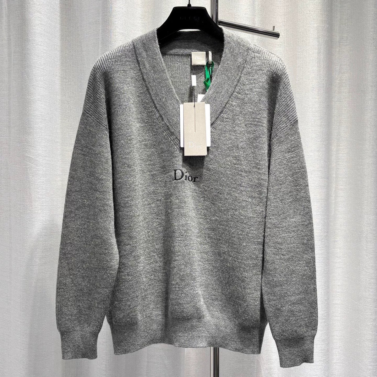 Dior SS26 Grey Embroidered Letter V-Neck Wool Alpaca Knit Sweater