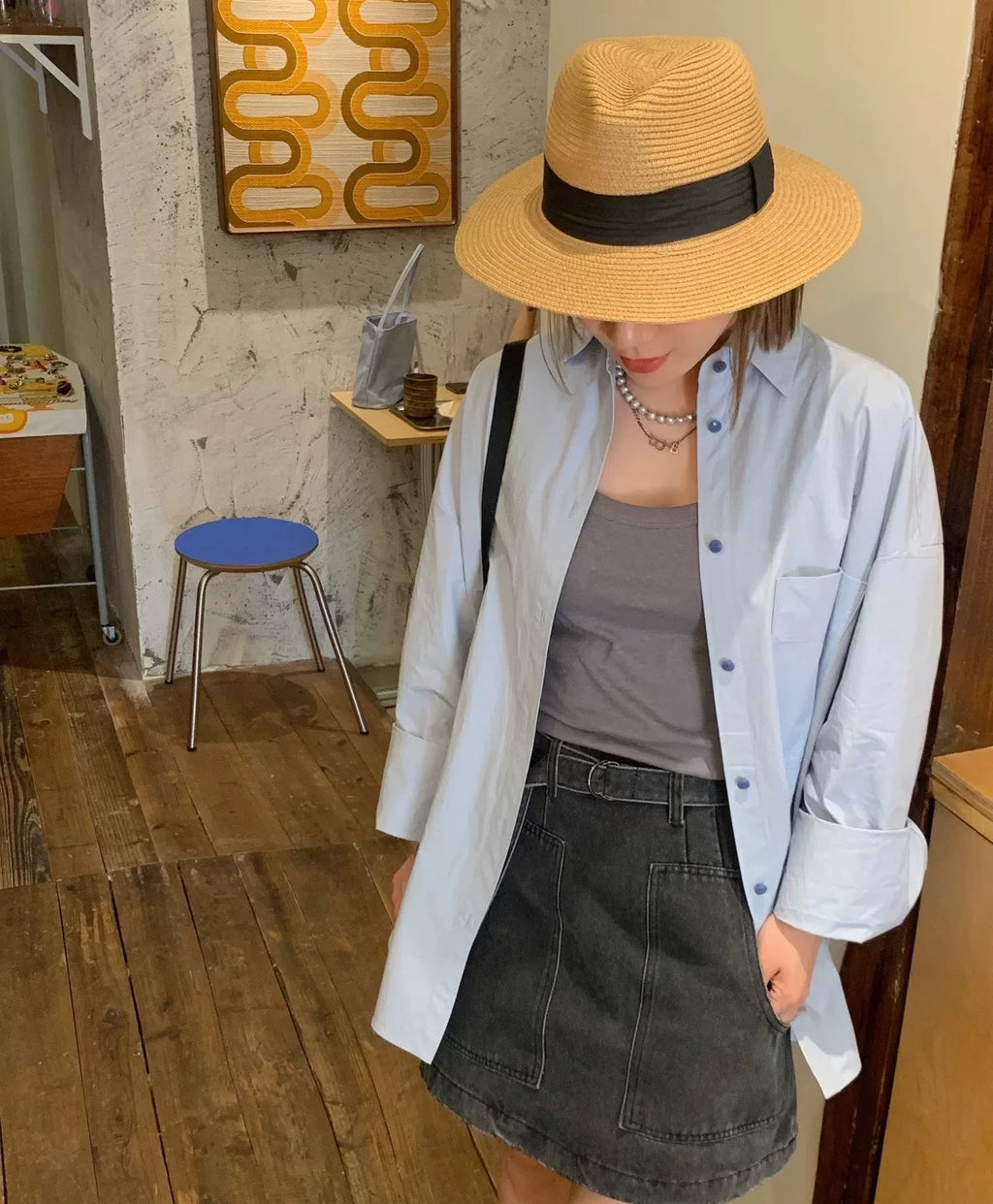 Prada Distressed Triangle Logo Denim Skirt