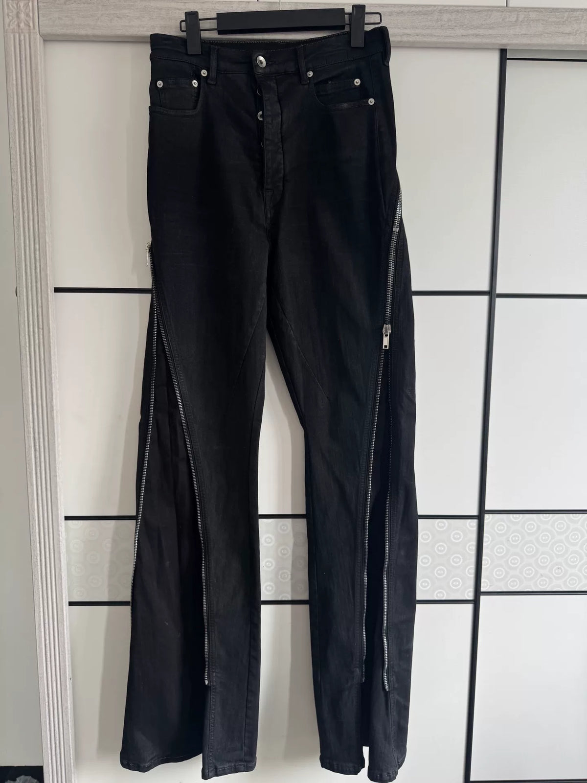 Rick Owens banana zip-up style waxed finish pants