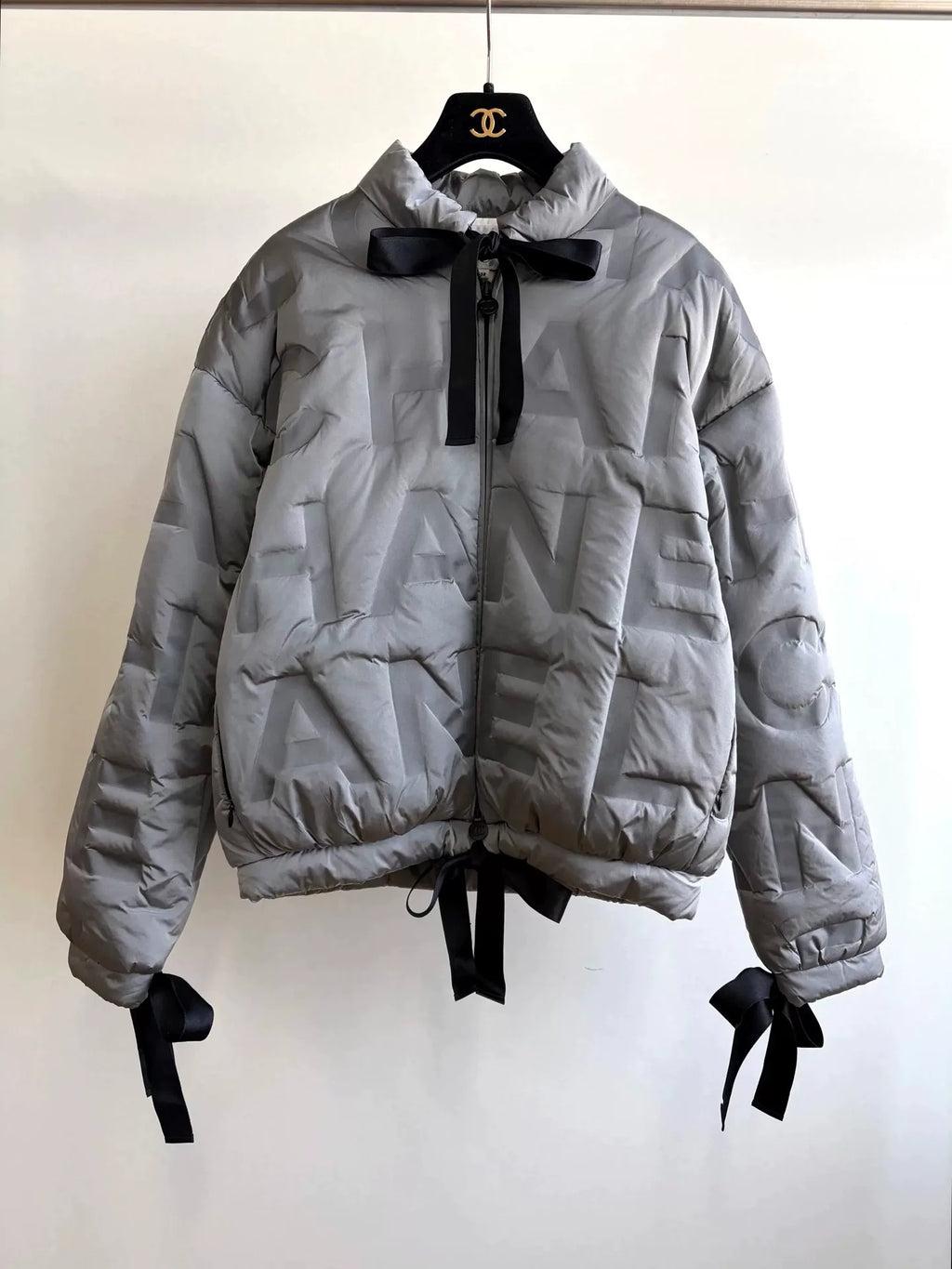 Chanel Silver Grey Letter Embossed Tied-Bow Nylon Down Jacket