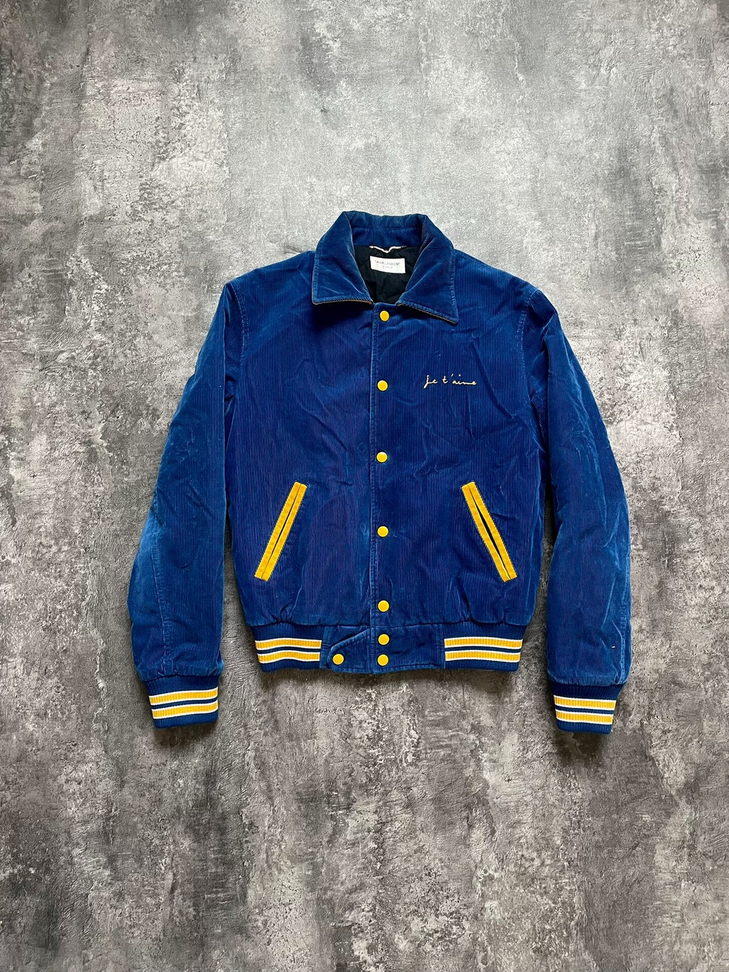 Saint Laurent SLP17 Fall/Winter Blue Corduroy Slogan Quilted Jacket