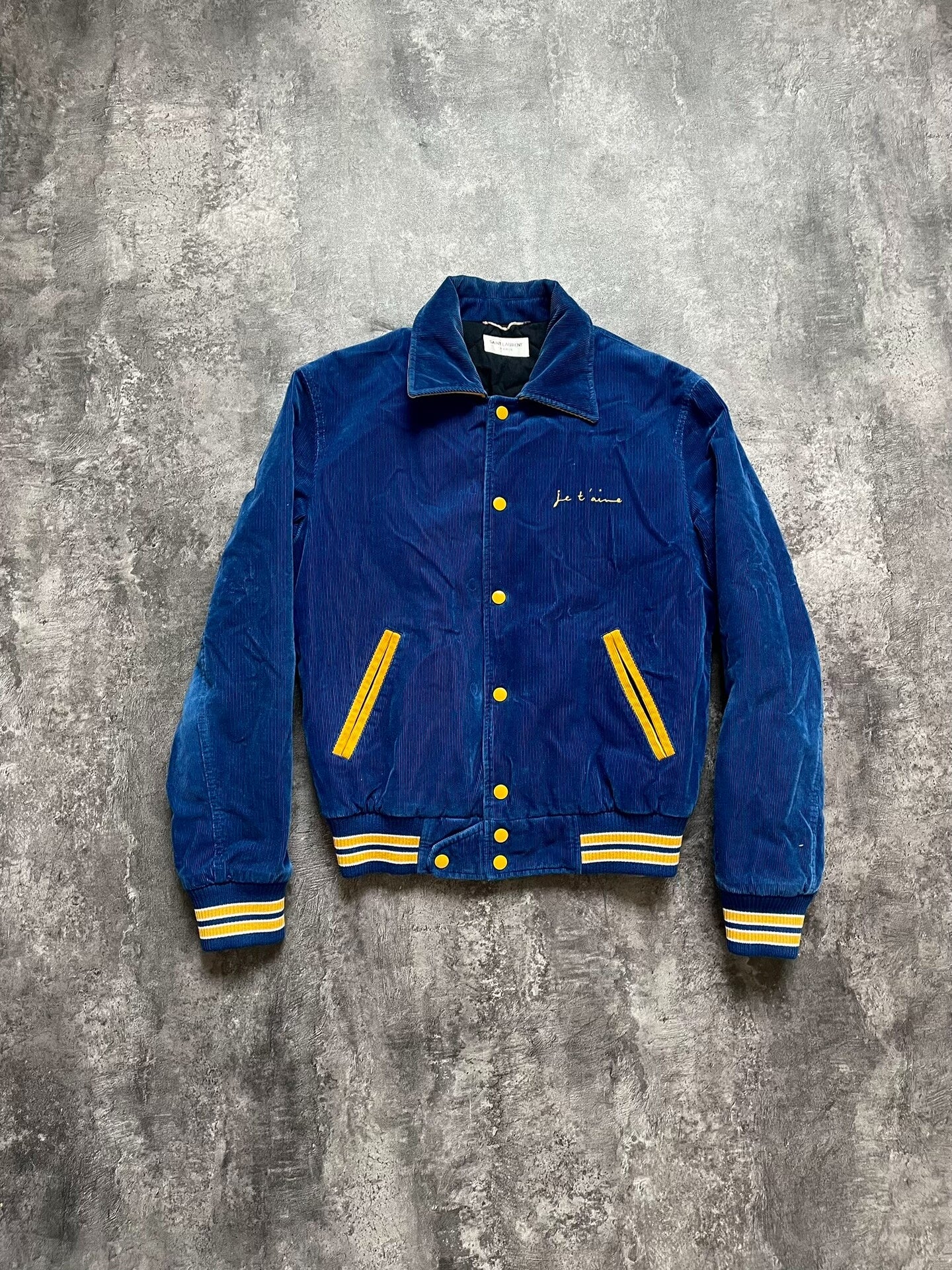Saint Laurent SLP17 Fall/Winter Blue Corduroy Slogan Quilted Jacket