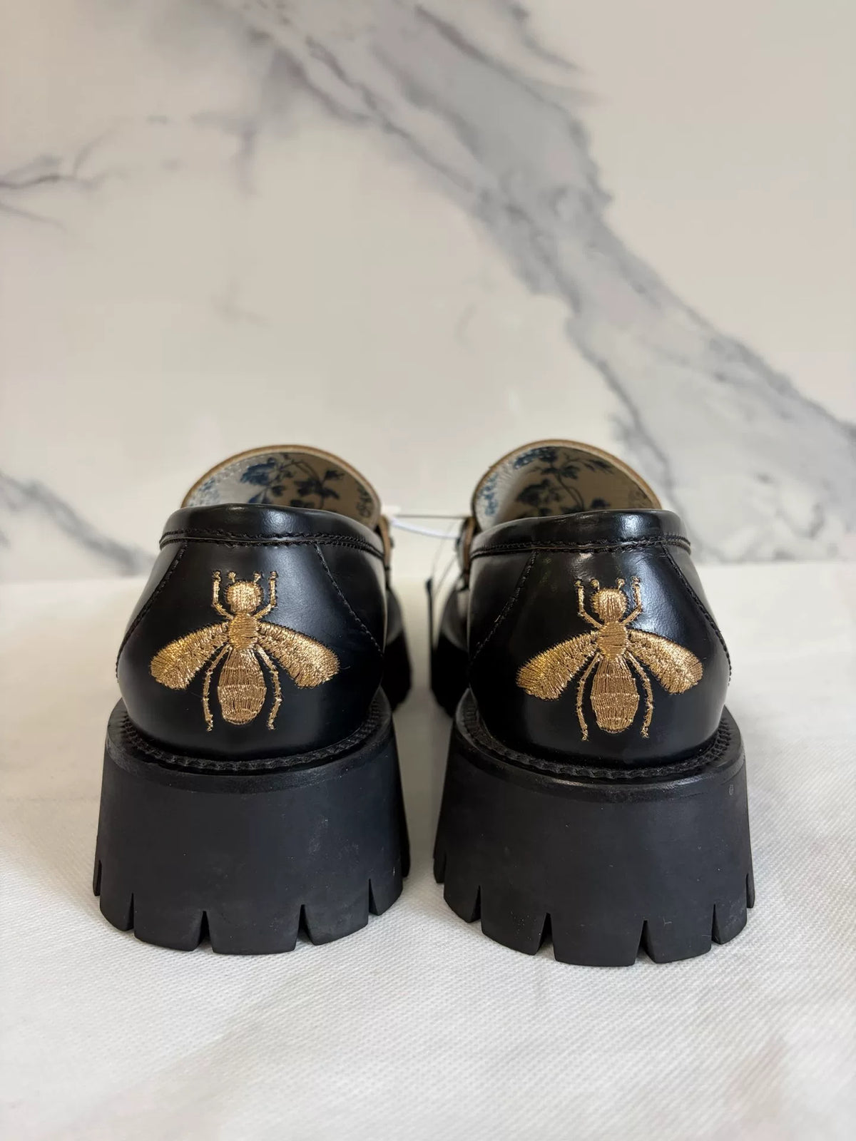 Gucci Black Bee Embroidered Platform Loafers