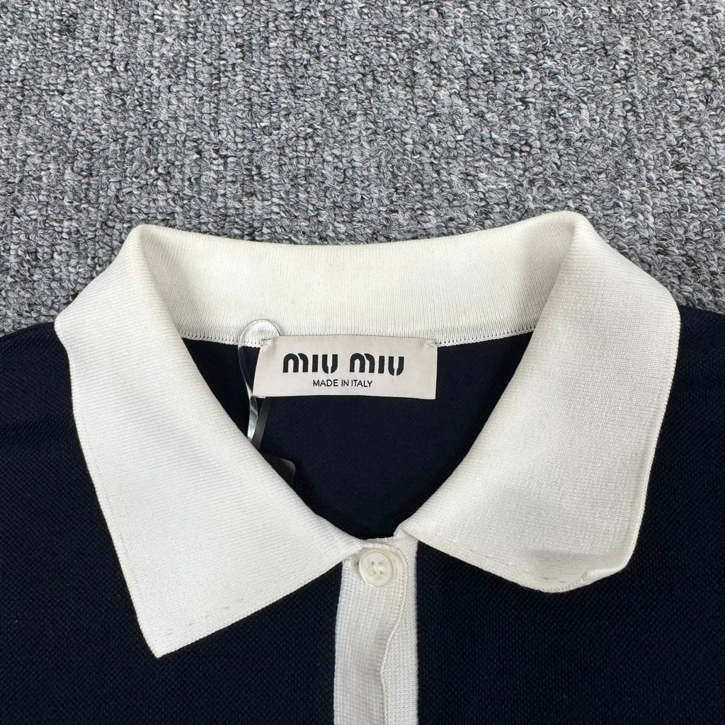 Miu Miu SS25 Short Sleeve Top Navy Embroidered Logo Polo Shirt