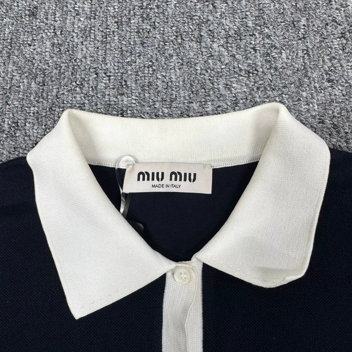 Miu Miu SS25 Short Sleeve Top Navy Embroidered Logo Polo Shirt
