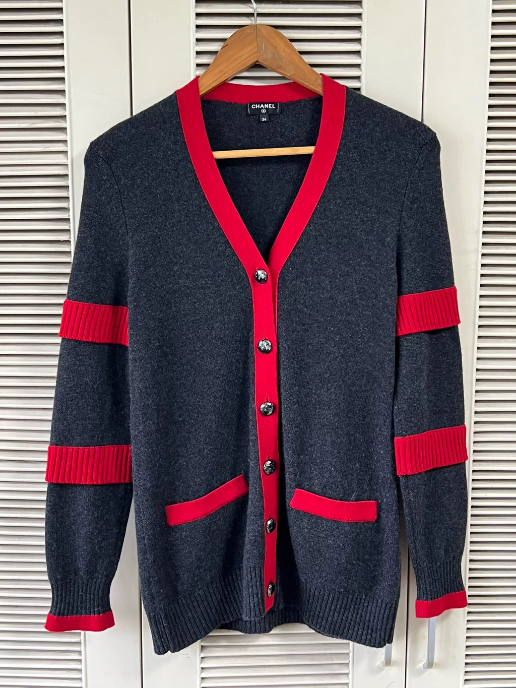 Chanel Grey Red Trim V-Neck Knit Cardigan