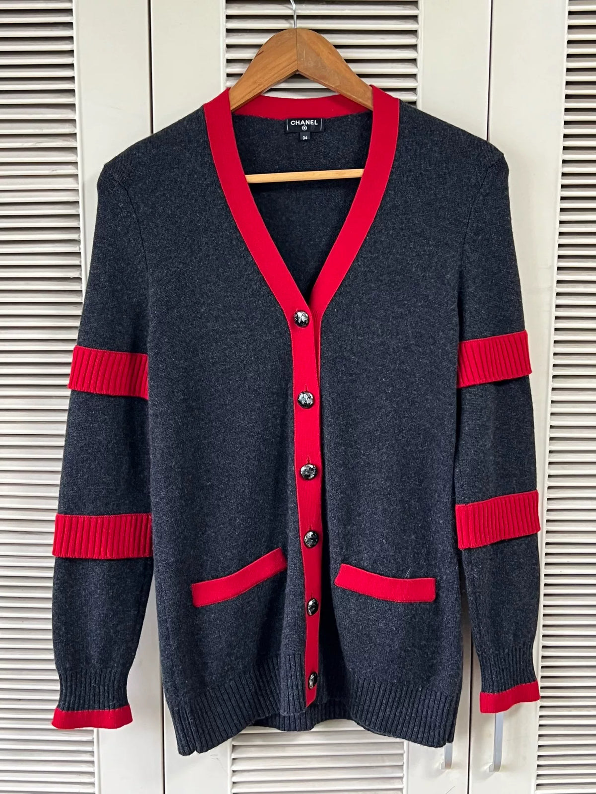 Chanel Grey Red Trim V-Neck Knit Cardigan