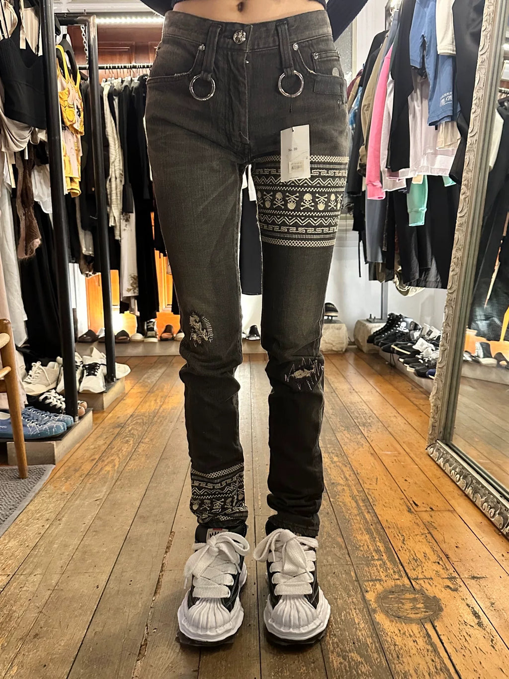 mastermind Japan FW12 Neworder SAMPLE Black Double Waist Skull Patch Denim Pants