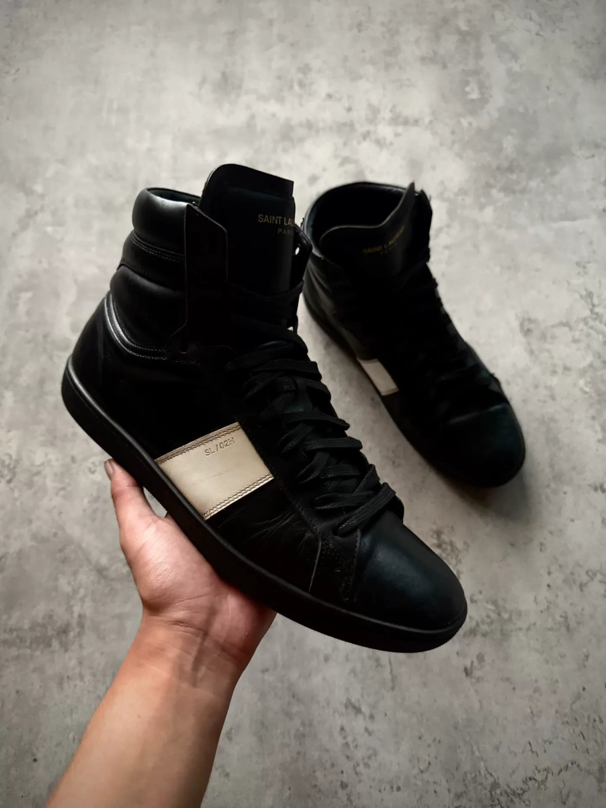 Saint Laurent Paris 13AW SL/02H Black White Patch Leather High Top Sneakers by Hedi Slimane