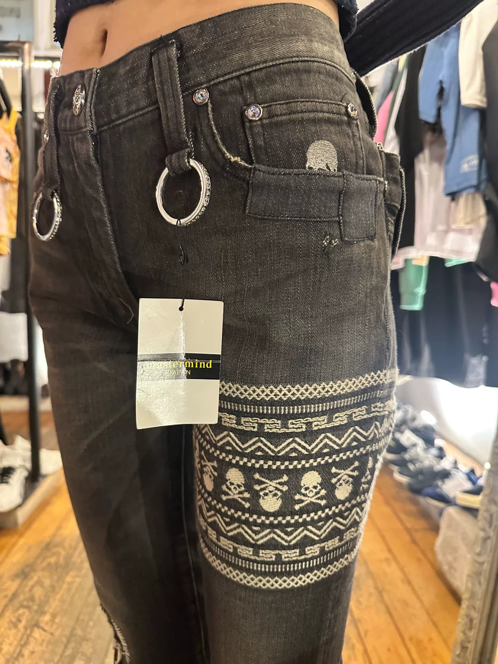 mastermind Japan FW12 Neworder SAMPLE Black Double Waist Skull Patch Denim Pants